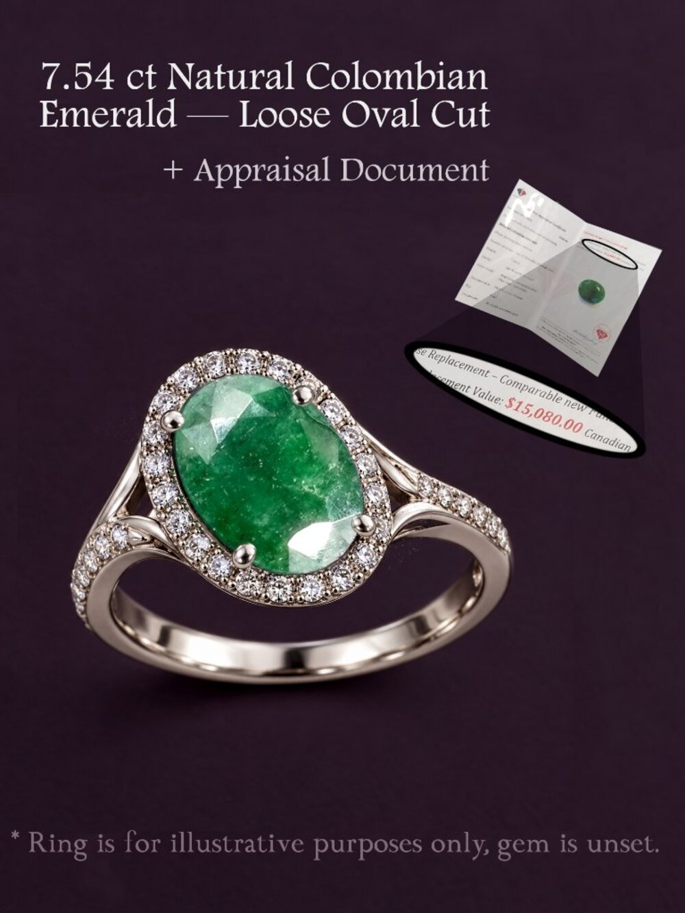 7.54ct Natural Colombian Emerald — Loose Oval Cut Gemstone + Appraisal